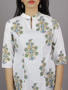 White Grey Blue Yellow Hand Block Printed Kurti With Princess Line & Stand Collar- K962001