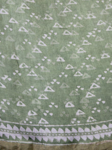 Pistachio Green White Hand Block Printed Handwoven Linen Saree With Zari Border - S031703592