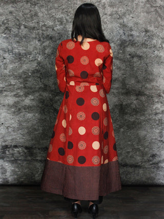 Rust Black Beige Hand Printed Ajrakh Cotton Long Kurta With Front Slit - K60F1544
