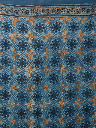 Indigo Rust Black Ajrakh Hand Block Printed Modal Silk Saree in Natural Colors - S031703350