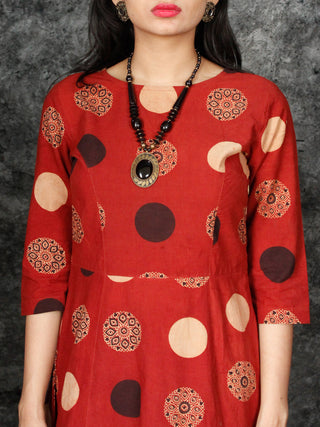 Rust Black Beige Hand Printed Ajrakh Cotton Long Kurta With Front Slit - K60F1544