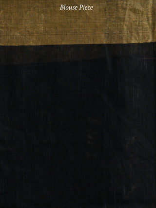 Black Antique Gold Handwoven Linen Saree With Zari Border - S031703740