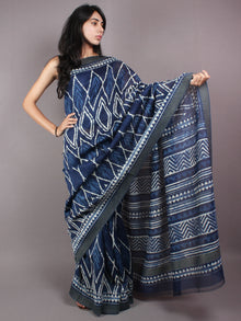 Indigo White Hand Block Printed in Natural Vegetable Colors Chanderi Saree With Geecha Border - S03170299