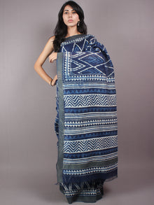 Indigo White Hand Block Printed in Natural Vegetable Colors Chanderi Saree With Geecha Border - S03170299