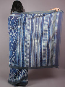 Indigo White Hand Block Printed in Natural Vegetable Colors Chanderi Saree With Geecha Border - S03170299