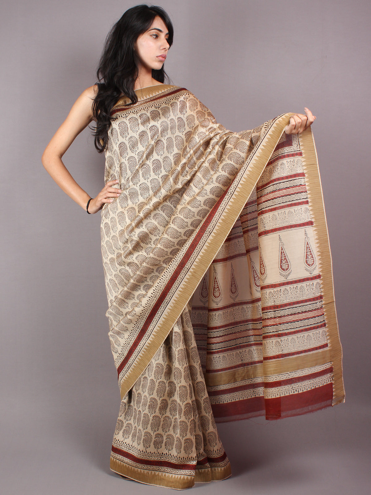 Beige Red Bagru Hand Block Printed Chanderi Saree With Geecha Border - S03170300