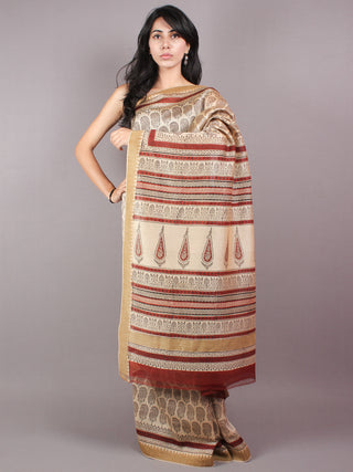 Beige Red Bagru Hand Block Printed Chanderi Saree With Geecha Border - S03170300