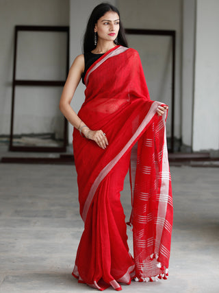 Red Silver Handwoven Linen Saree With Zari Border - S031703741