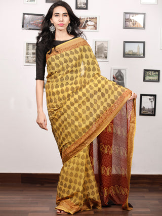 Yellow Maroon Black Bagh Printed Maheshwari Cotton Saree - S031703310