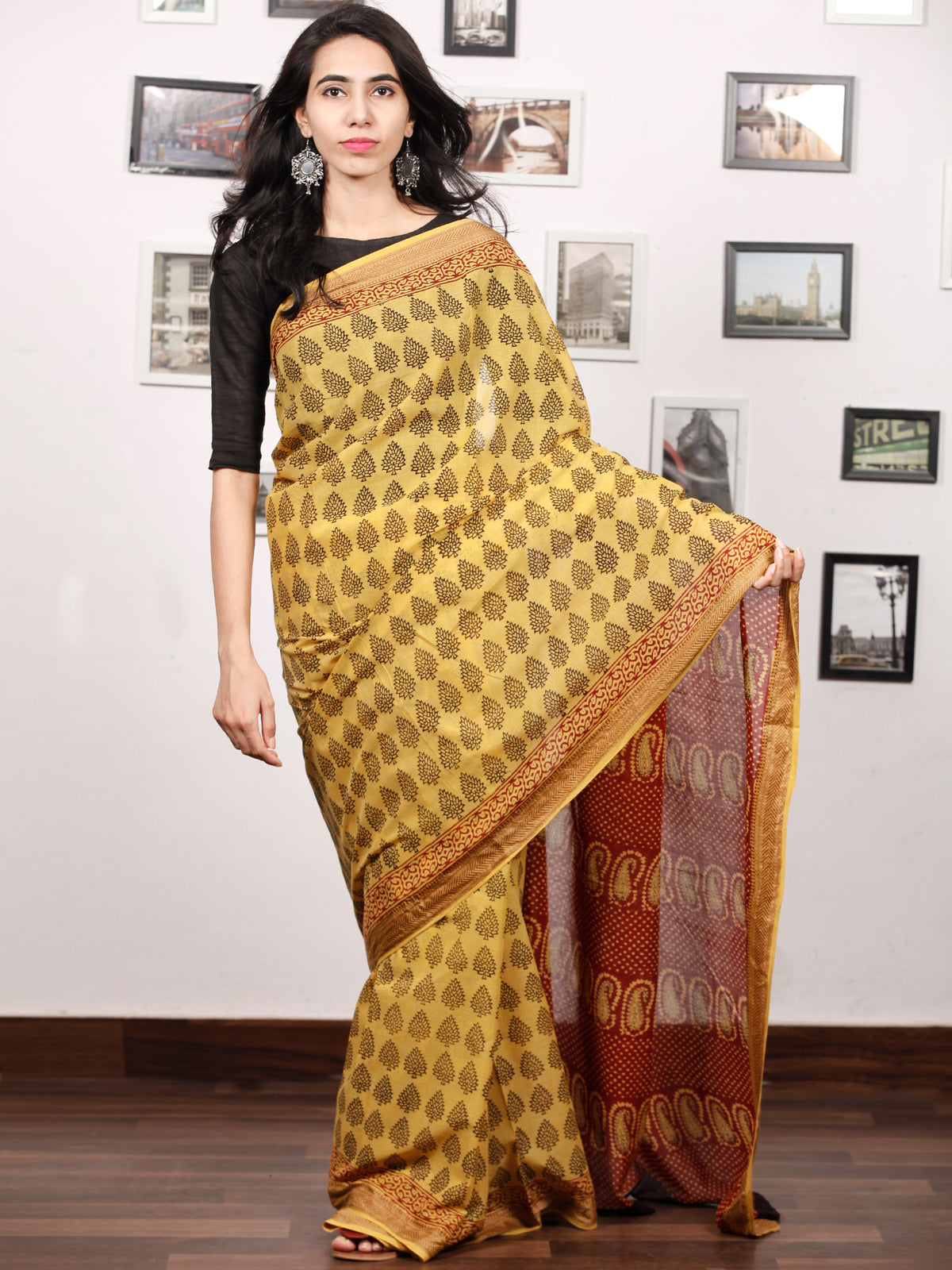Yellow Maroon Black Bagh Printed Maheshwari Cotton Saree - S031703310