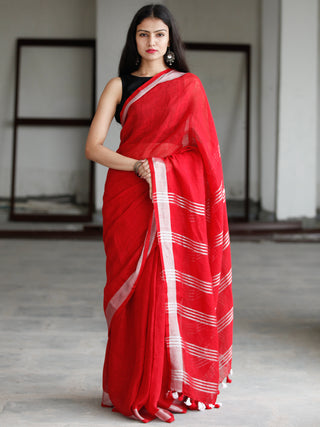 Red Silver Handwoven Linen Saree With Zari Border - S031703741