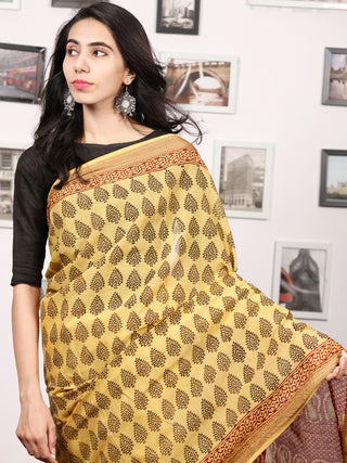 Yellow Maroon Black Bagh Printed Maheshwari Cotton Saree - S031703310