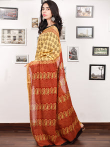 Yellow Maroon Black Bagh Printed Maheshwari Cotton Saree - S031703310