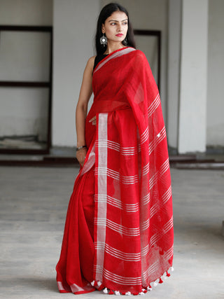 Red Silver Handwoven Linen Saree With Zari Border - S031703741