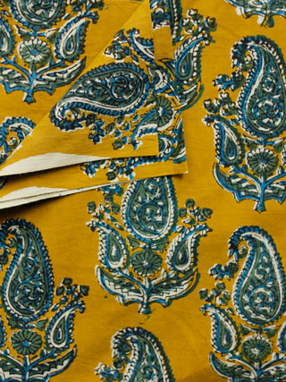 Mustard Ivory Teal Blue Green Hand Block Printed Cotton Fabric Per Meter - F001F1816