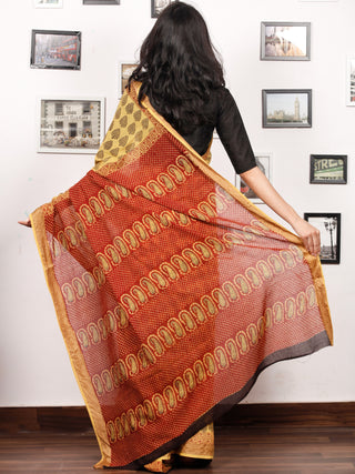 Yellow Maroon Black Bagh Printed Maheshwari Cotton Saree - S031703310