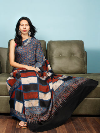 Indigo Red Black  Ivory Ajrakh Hand Block Printed Modal Silk Saree in Natural Colors - S031703351