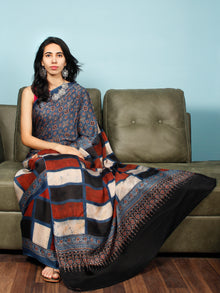 Indigo Red Black  Ivory Ajrakh Hand Block Printed Modal Silk Saree in Natural Colors - S031703351