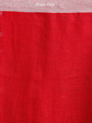 Red Silver Handwoven Linen Saree With Zari Border - S031703741