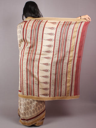 Beige Red Bagru Hand Block Printed Chanderi Saree With Geecha Border - S03170300