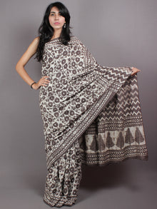 Brown Beige Hand Block Printed in Natural Colors Cotton Mul Saree - S03170421