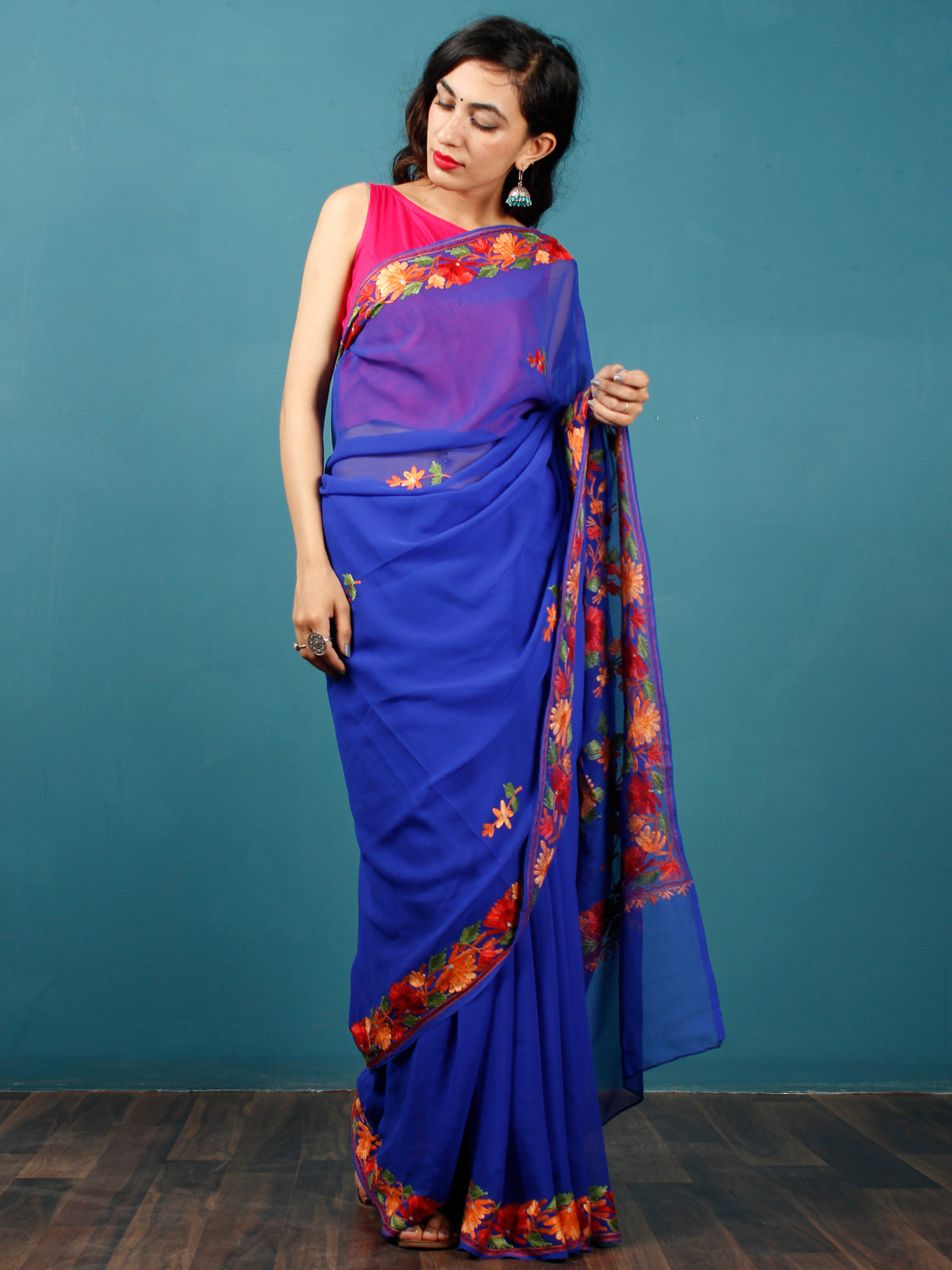 Royal Blue Green Orange Yellow Aari Embroidered Georgette Saree From Kashmir  - S031703060