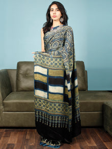 Indigo Black Fern Green Ajrakh Hand Block Printed Modal Silk Saree in Natural Colors - S031703352