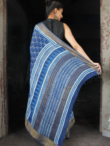 Indigo White Hand Block Printed Handwoven Linen Saree With Zari Border - S031703594