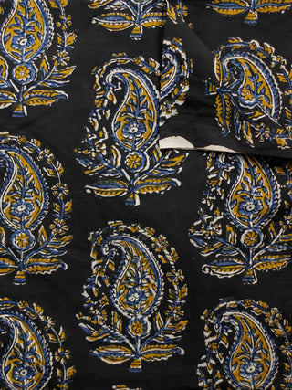 Black Mustard Indigo Hand Block Printed Cotton Fabric Per Meter - F001F1817