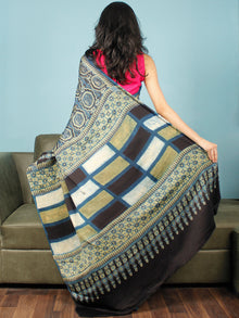 Indigo Black Fern Green Ajrakh Hand Block Printed Modal Silk Saree in Natural Colors - S031703352