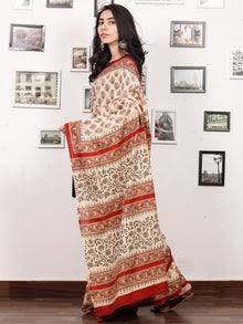 Beige Indigo Rust Black Hand Block Printed Cotton Saree In Natural Colors - S031703339