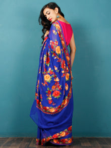 Royal Blue Green Orange Yellow Aari Embroidered Georgette Saree From Kashmir  - S031703060
