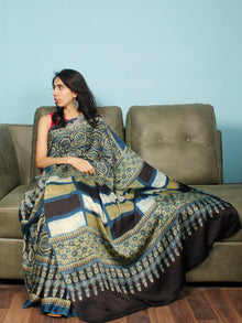 Indigo Black Fern Green Ajrakh Hand Block Printed Modal Silk Saree in Natural Colors - S031703352
