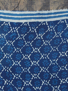 Indigo White Hand Block Printed Handwoven Linen Saree With Zari Border - S031703594