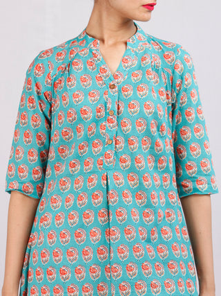 Sky Blue Peach Hand Block Printed Cotton Kurta - K175F1931
