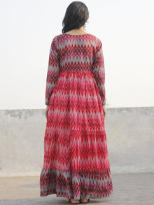 Red Maroon Pink Grey Hand Woven Mercerized Cotton Ikat Tier Dress - D172F835