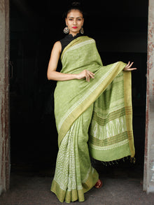 Chartreuse Green White Hand Block Printed Handwoven Linen Saree With Zari Border - S031703595