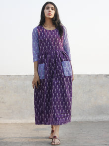 Purple Ivory Blue Hand Woven Mercerized Cotton Ikat Dress With Pockets - D173F1032