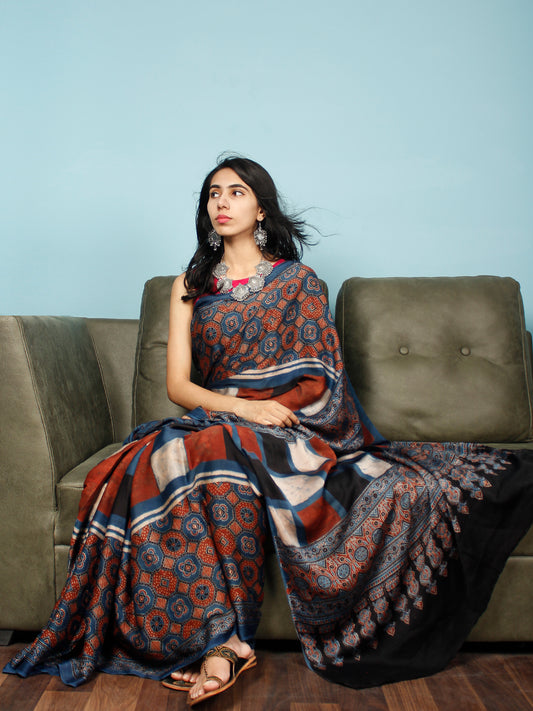 Indigo Red Black Beige Ajrakh Hand Block Printed Modal Silk Saree in Natural Colors - S031703353