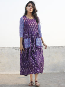 Purple Ivory Blue Hand Woven Mercerized Cotton Ikat Dress With Pockets - D173F1032