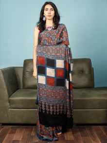 Indigo Red Black Beige Ajrakh Hand Block Printed Modal Silk Saree in Natural Colors - S031703353
