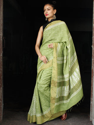 Chartreuse Green White Hand Block Printed Handwoven Linen Saree With Zari Border - S031703595