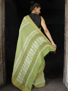 Chartreuse Green White Hand Block Printed Handwoven Linen Saree With Zari Border - S031703595
