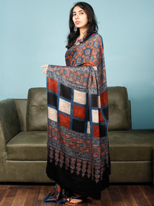 Indigo Red Black Beige Ajrakh Hand Block Printed Modal Silk Saree in Natural Colors - S031703353