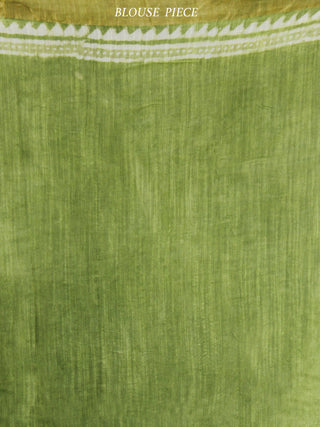 Chartreuse Green White Hand Block Printed Handwoven Linen Saree With Zari Border - S031703595