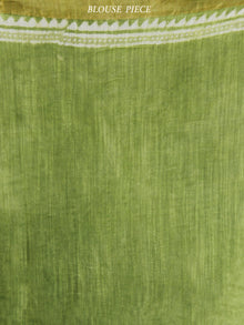 Chartreuse Green White Hand Block Printed Handwoven Linen Saree With Zari Border - S031703595