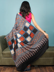 Indigo Red Black Beige Ajrakh Hand Block Printed Modal Silk Saree in Natural Colors - S031703353
