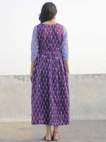 Purple Ivory Blue Hand Woven Mercerized Cotton Ikat Dress With Pockets - D173F1032