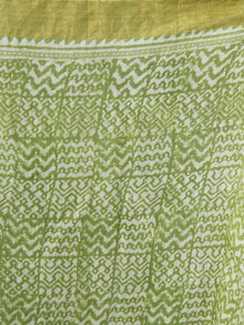 Chartreuse Green White Hand Block Printed Handwoven Linen Saree With Zari Border - S031703595