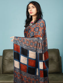 Indigo Red Black Beige Ajrakh Hand Block Printed Modal Silk Saree in Natural Colors - S031703353